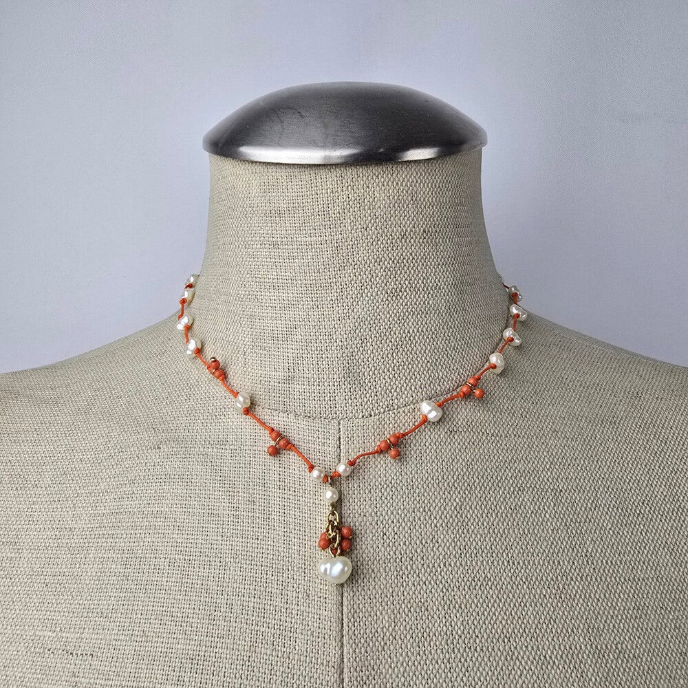 Avon Fresh Water Pearl Hand Knotted Beaded Coral Necklace & Earrings